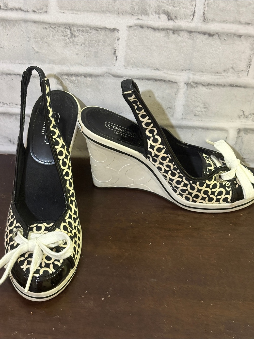 Coach Black & Cream Signature Slingback Wedge Sandals, size 7